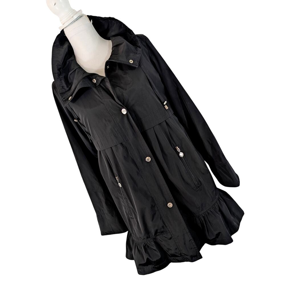 BETSEY JOHNSON! LUXE BLACK NYLON, SCRUNCHY COLLAR, RUFFLED HEM JACKET, COAT! S